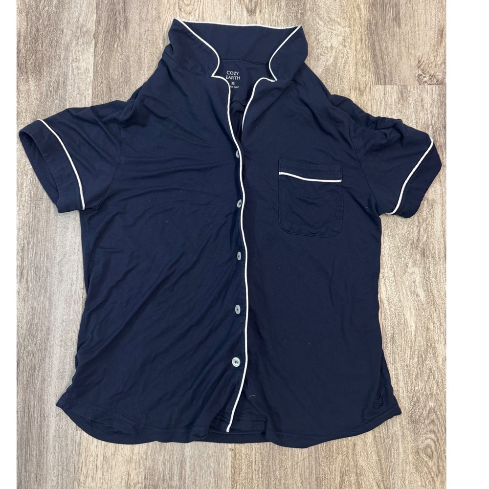 Cozy‎ Earth Women's Navy Blue Bamboo Short Sleeve Button Down Pajama Top XS